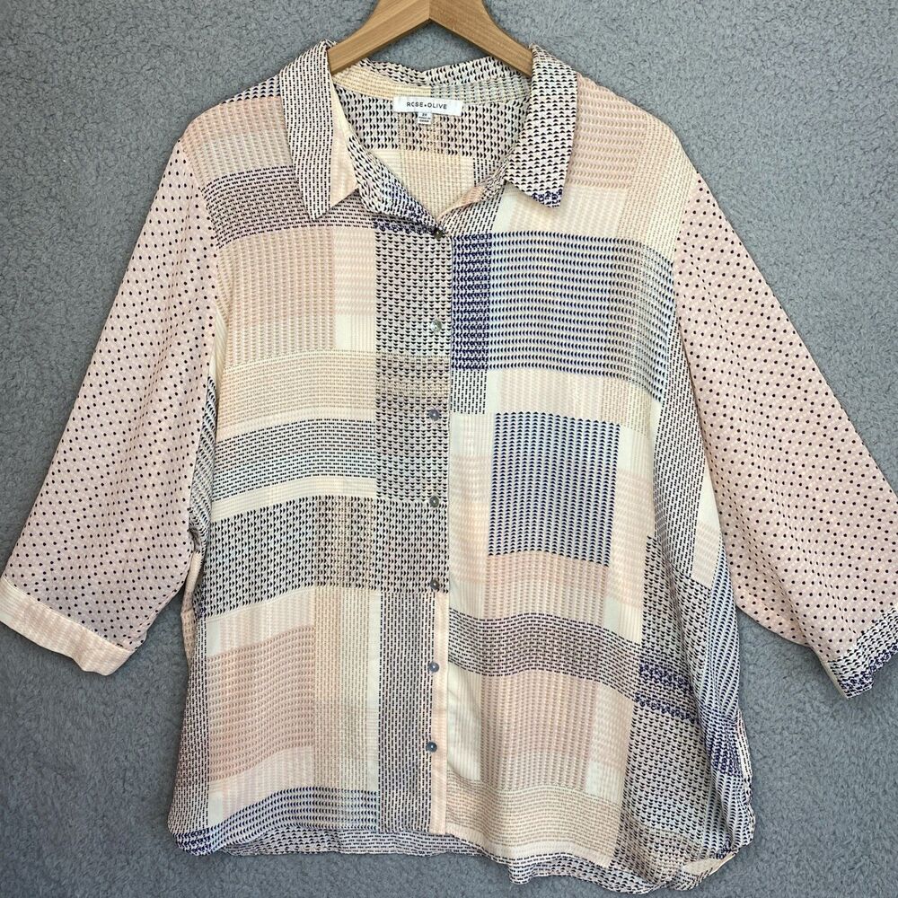 Rose + Olive Sheer Button Front Relaxed Tunic Top Sz 2X Pink Artsy 3/4 Sleeve